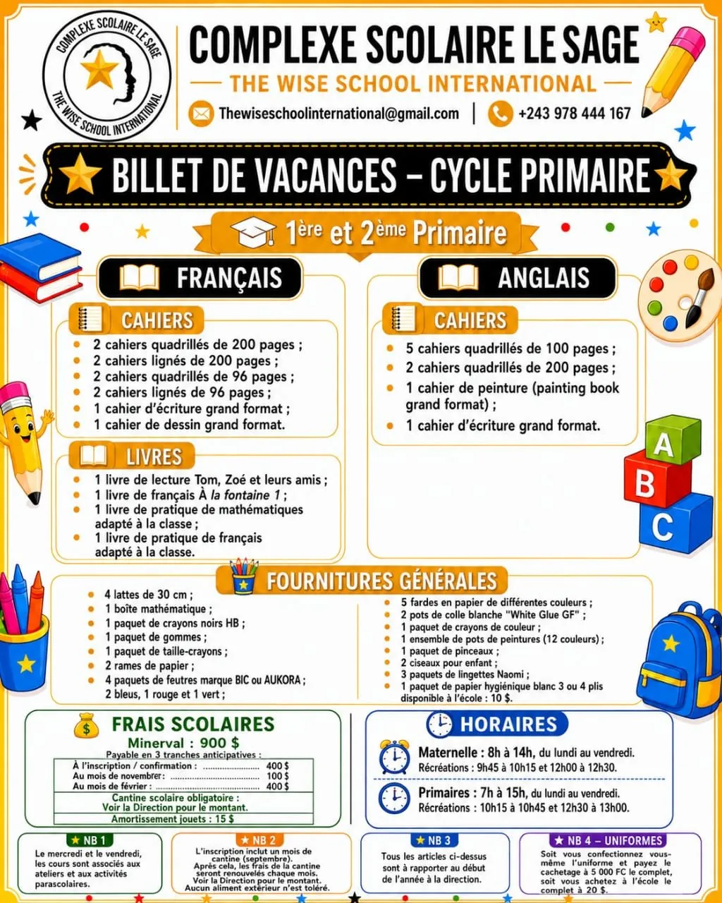 Billet de vacances de la 1ère et 2ème primaire