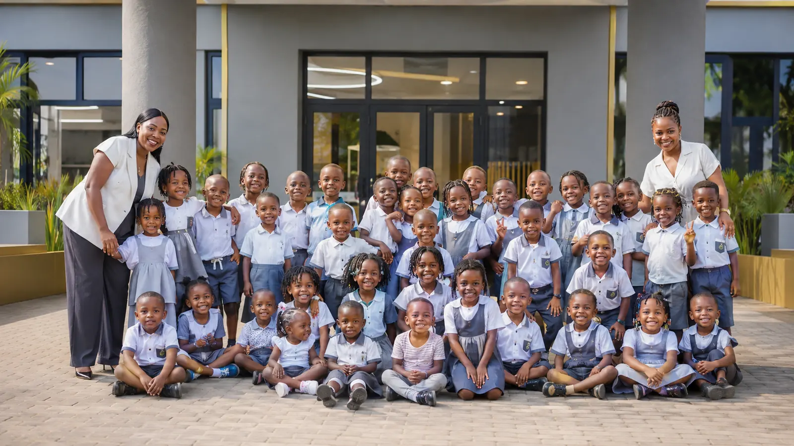 Les élèves du Complexe Scolaire Le Sage devant l’entrée, avec leurs enseignantes