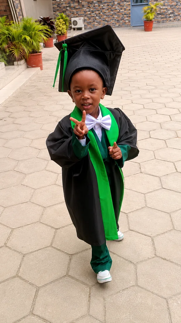 Un petit diplômé en toge et toque, le sourire aux lèvres